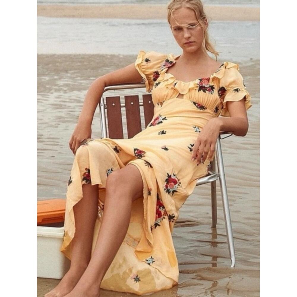Free People Dainty Embroidered Floral Bohemian Bali Santa Cruz Maxi Dress Small